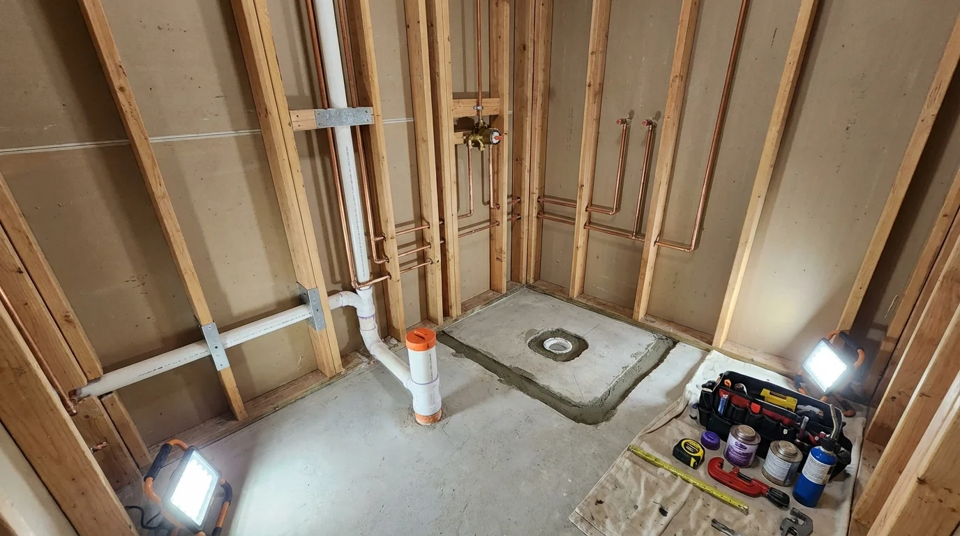 Bathroom rough-in plumbing during remodel by Johns Plumbing LLC in Fort Knox