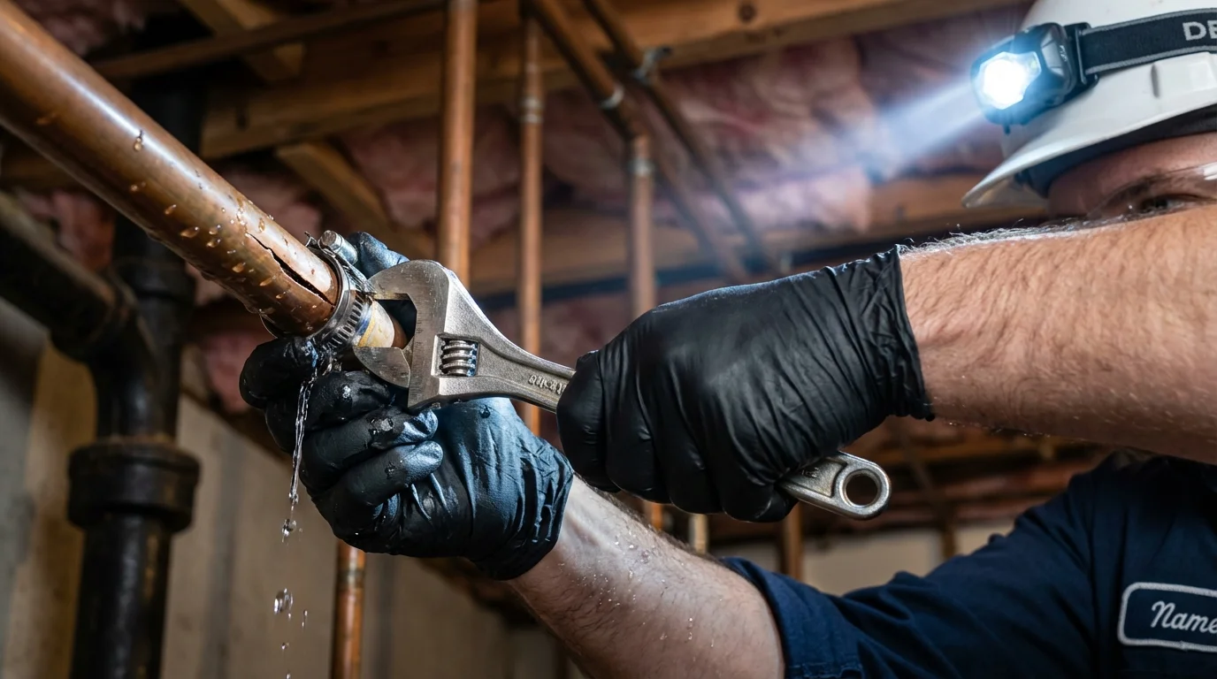 Emergency pipe clamp repair being performed by a Johns Plumbing LLC plumber in Fort Knox