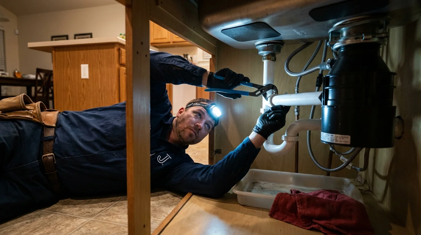 P-trap and supply line connections under a kitchen sink showing a common leak point in Fort Knox, KY